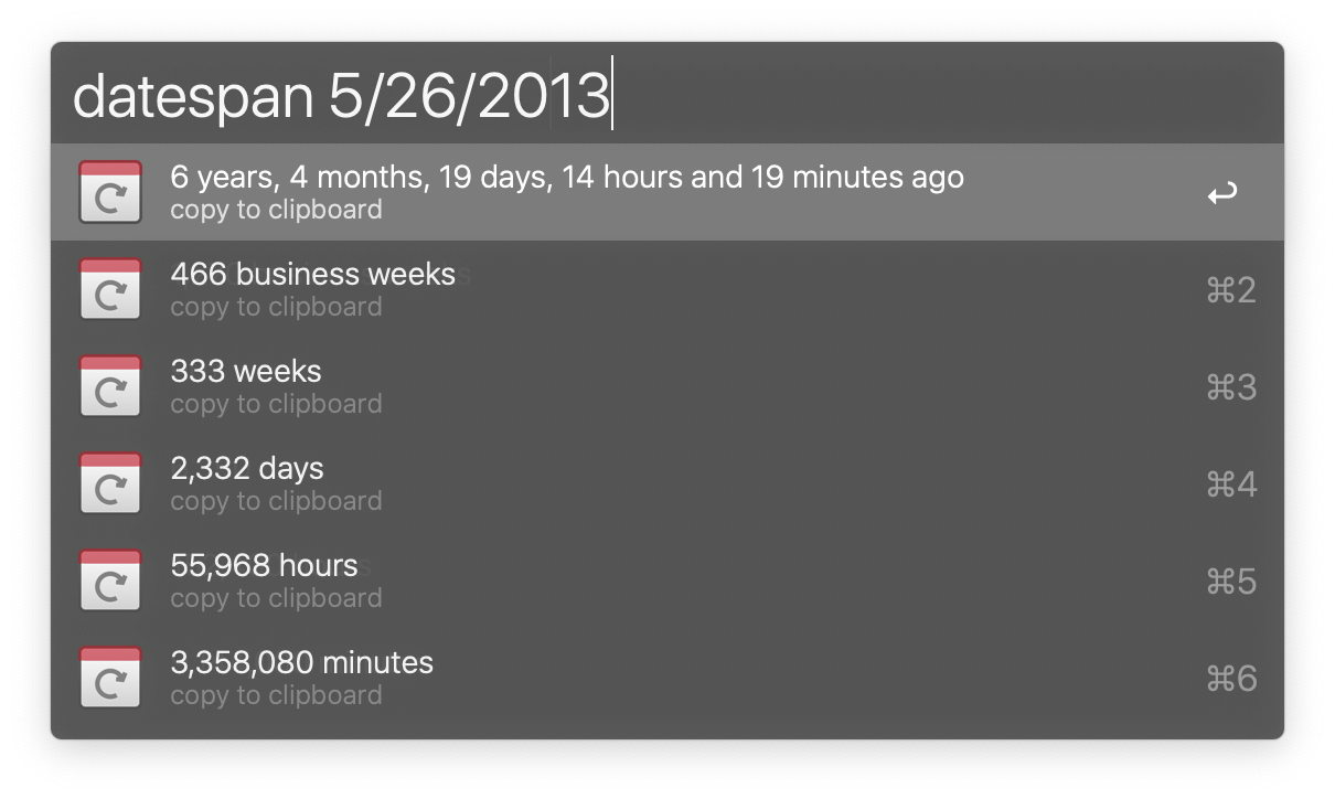 Screenshot of Alfred displaying weeks, days, hours and minutes to a date in the past