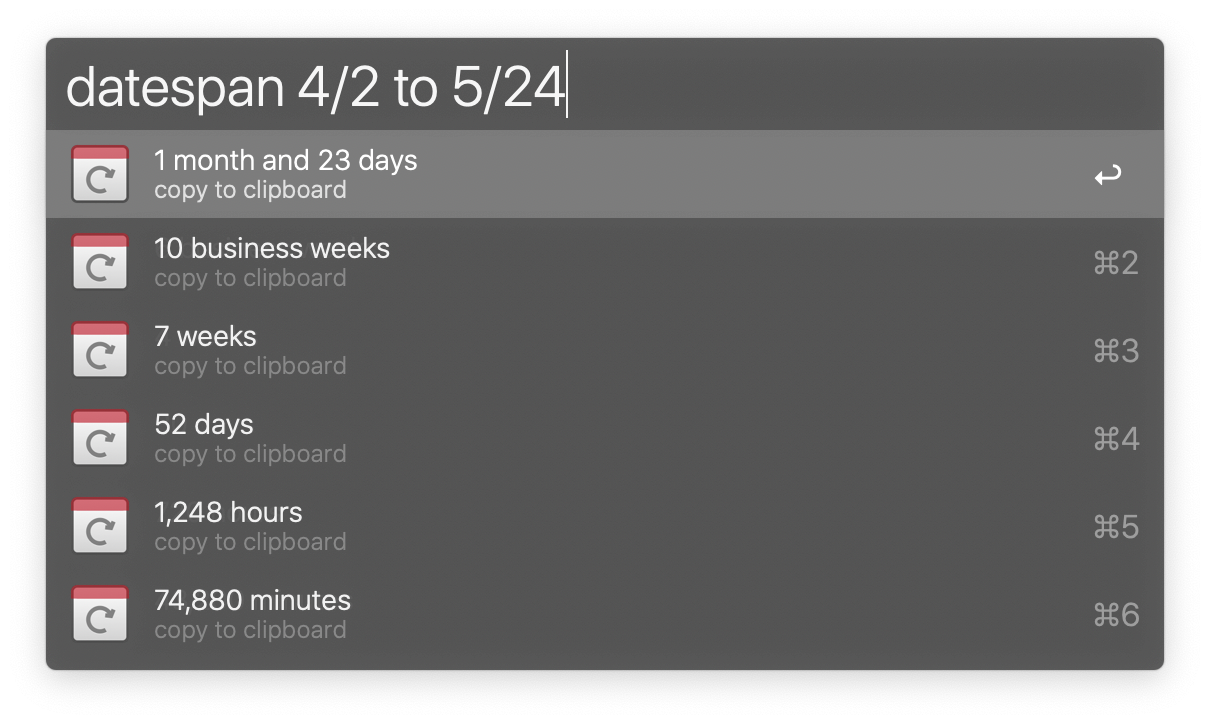 Screenshot of Alfred using datespan keyword to display days, weeks, hours and minutes between two dates