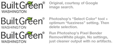 Comparison of a logos on a white background, selected transparency, and Pixel Bender RemoteWhite Photoshop plugin