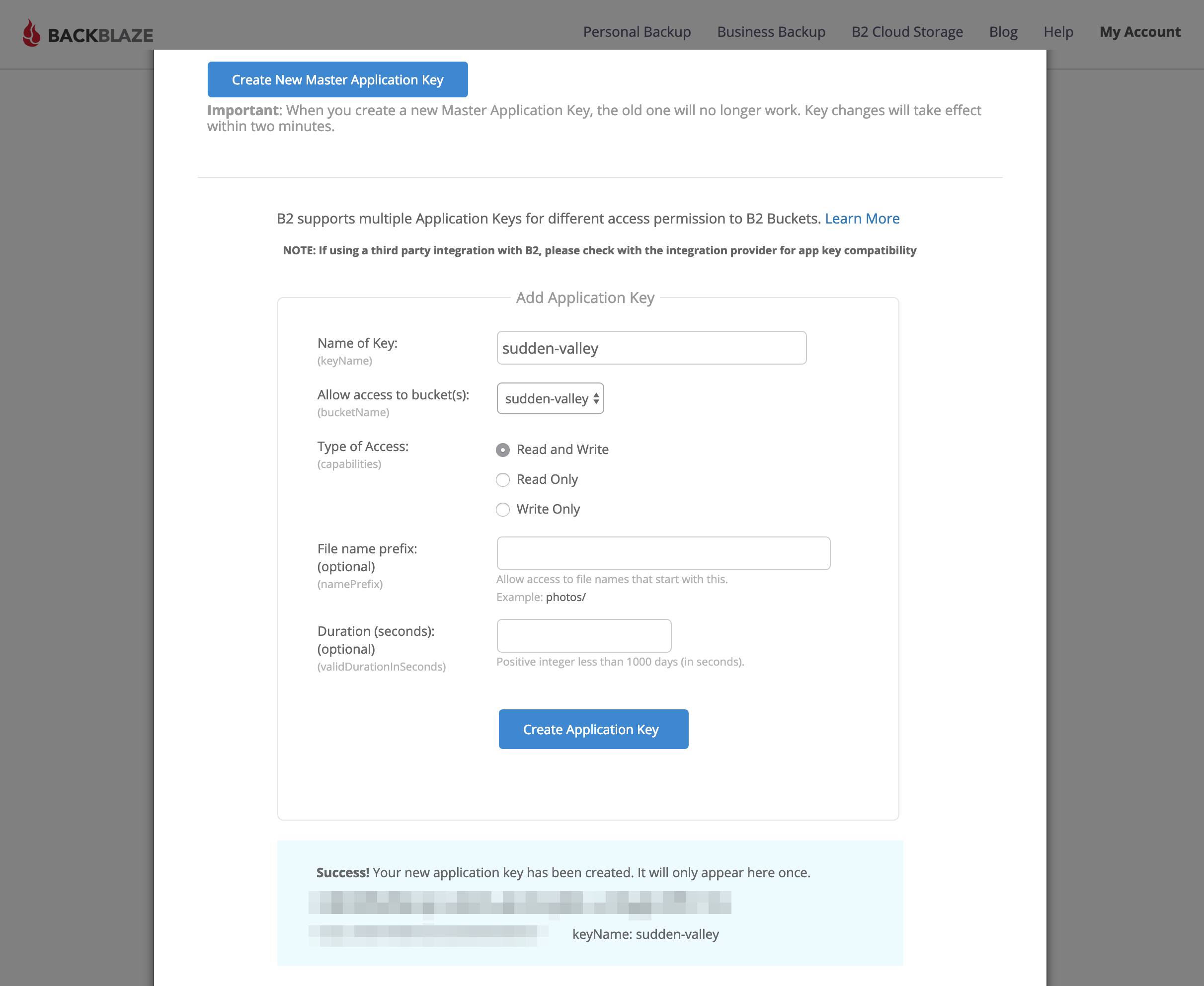 Screenshot of Backblaze B2 application key modal showing described settings and where to get keys