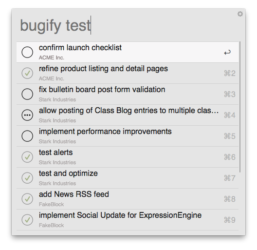 Screenshot of Alfred displaying Bugify issues filtered by test keyword