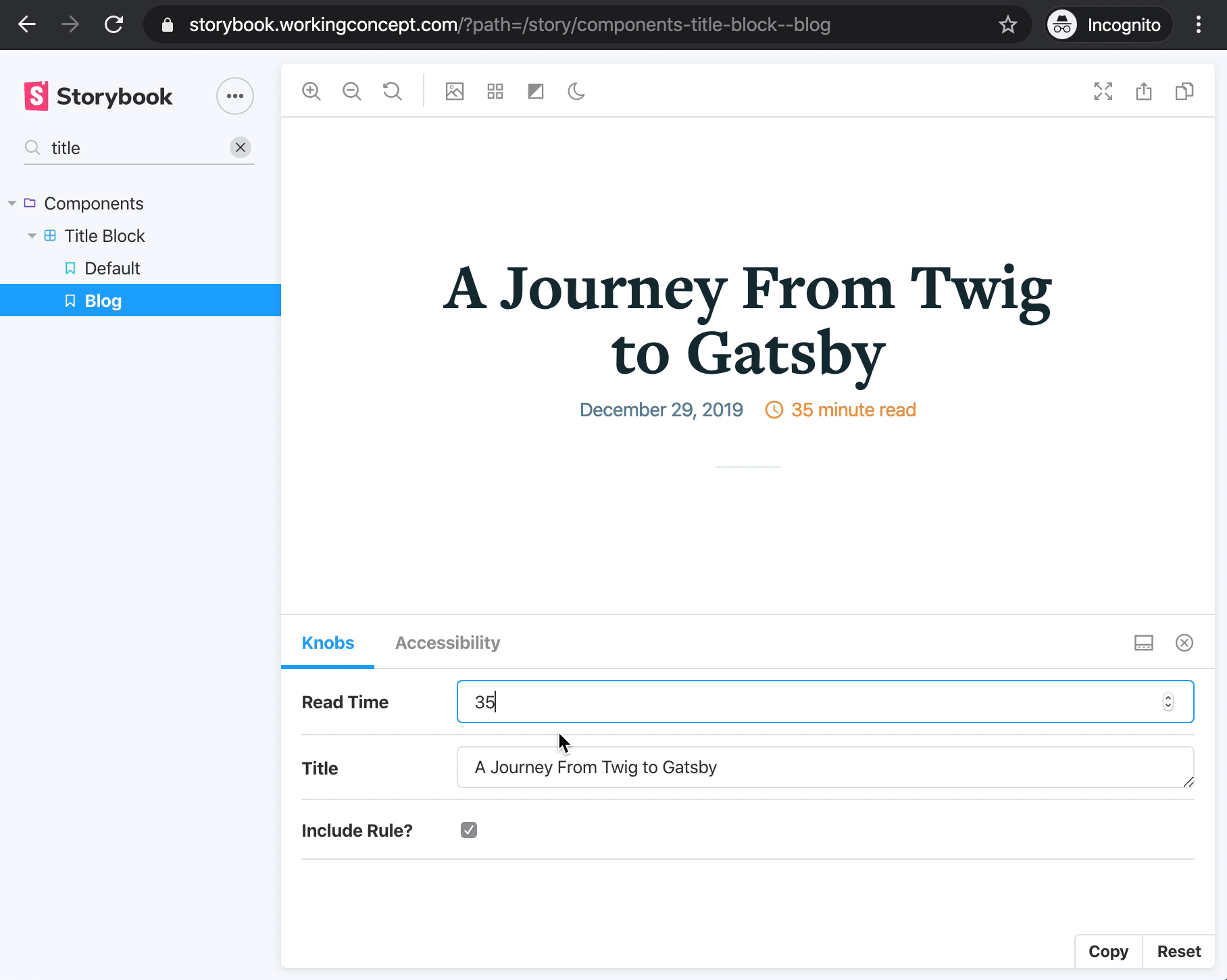 Screen capture showing Storybook interface with a title component, toggled into and out of dark mode by clicking a menu item.