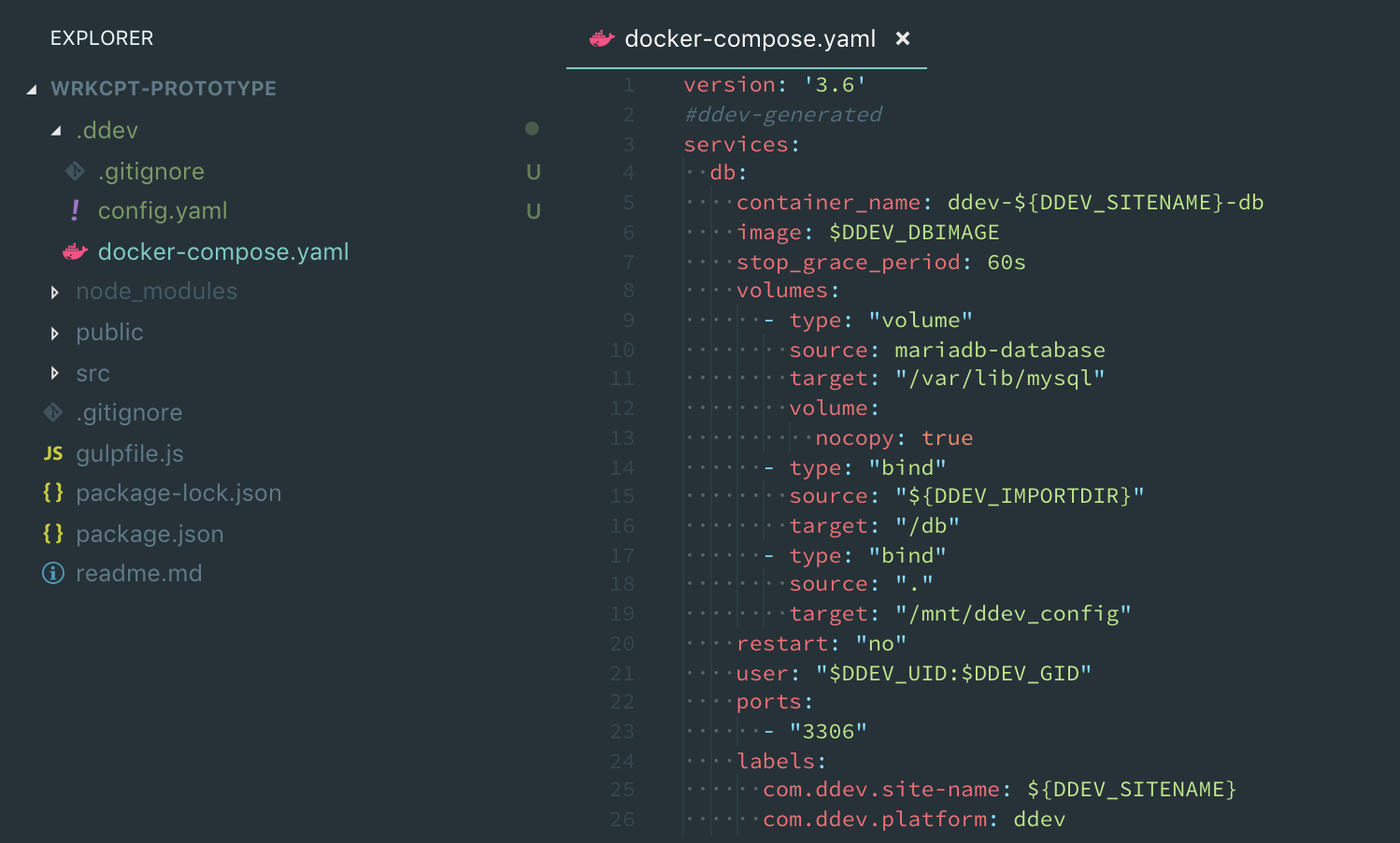 Screenshot of docker-compose.yaml generated by DDEV