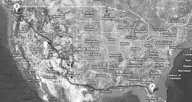U.S. map depicting the route from Orlando to Seattle