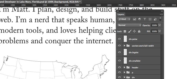 Screenshot of workingconcept.com homepage in Photoshop with automatically-generated items in the Layers panel