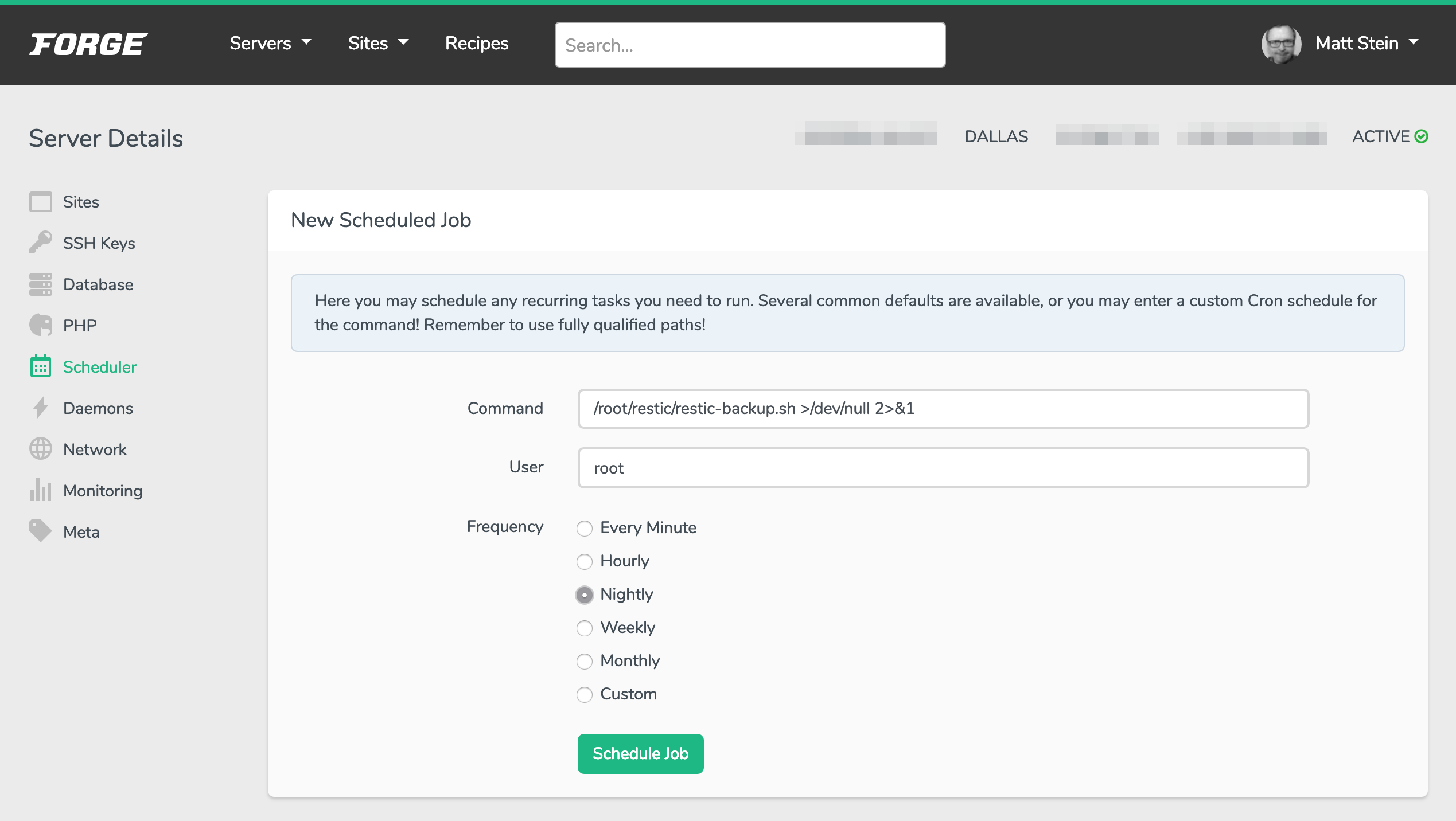 Screenshot of Forge New Scheduled Job pane.