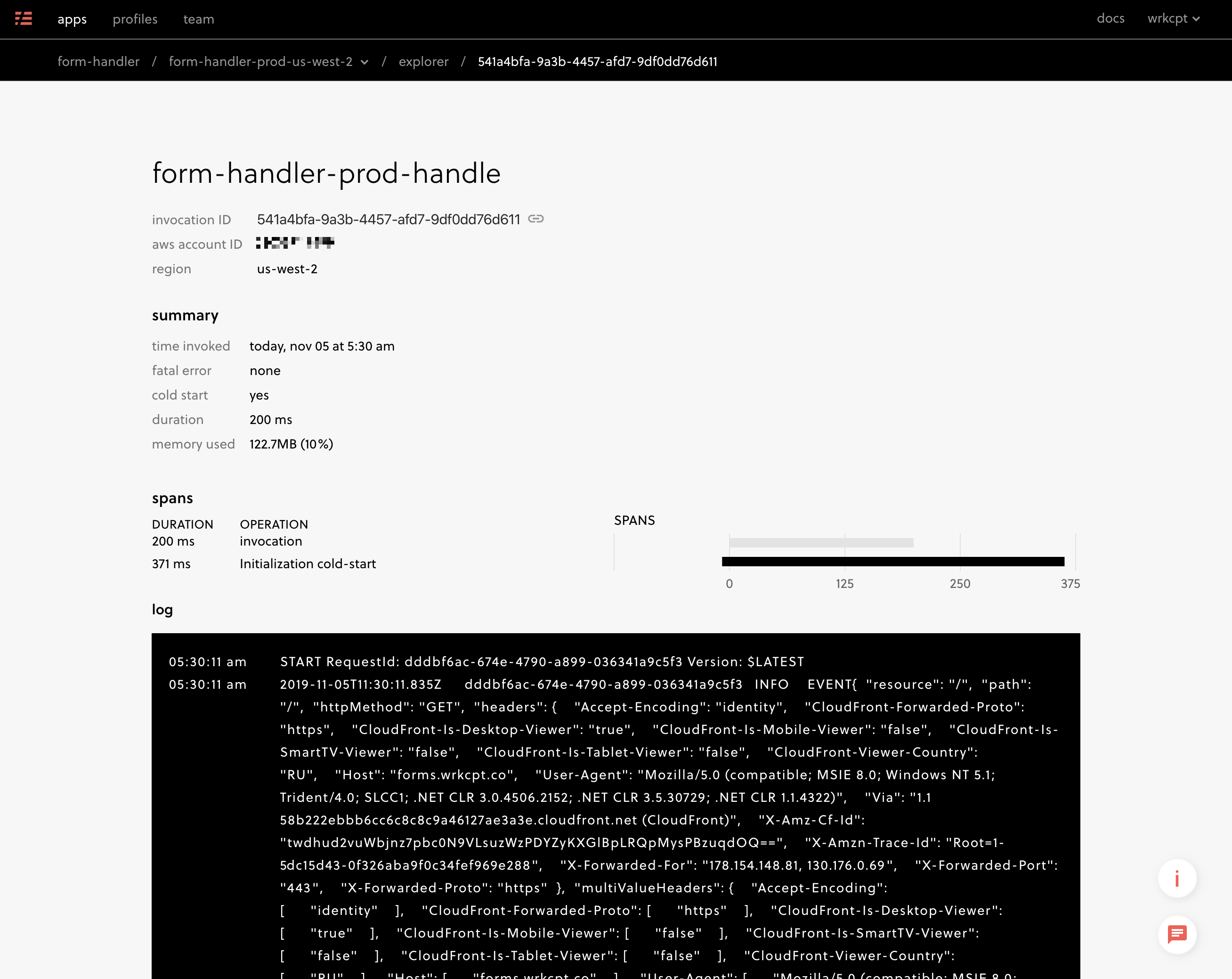 screenshot of a form handler invocation in the Serverless dashboard with timing and debug info