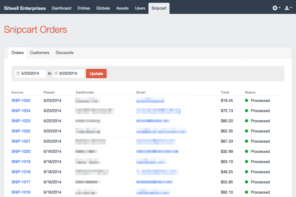 Screenshot of Snipcart Craft CMS plugin displaying Snipcart orders between two dates