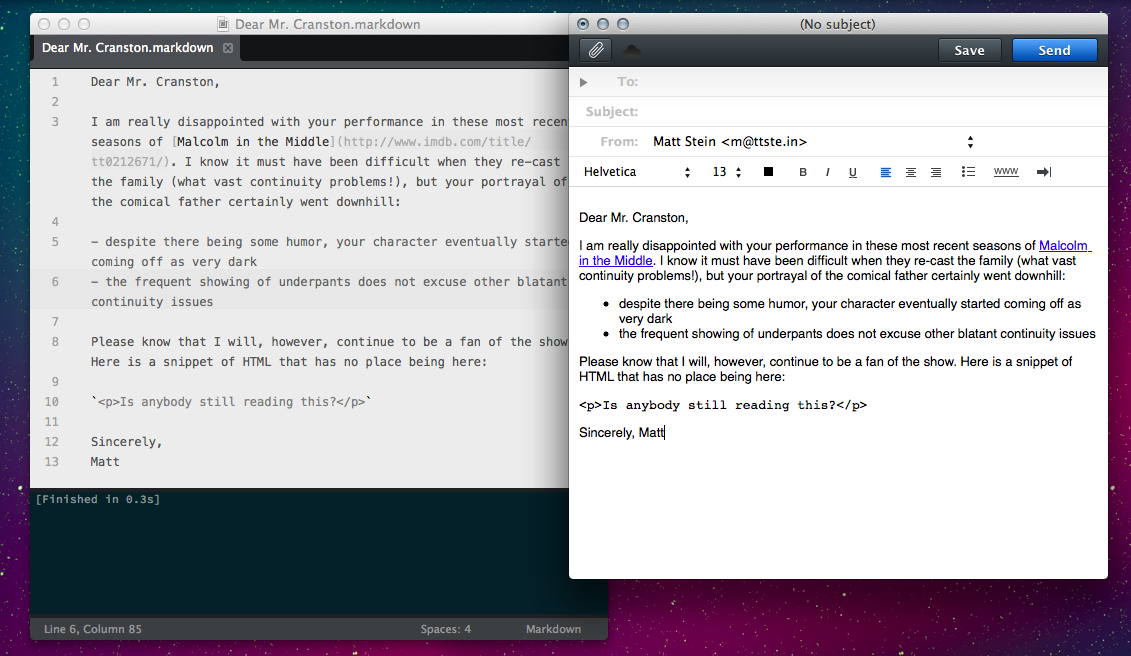 Screenshot of markdown document in one window and rendered Sparrow draft message in the other