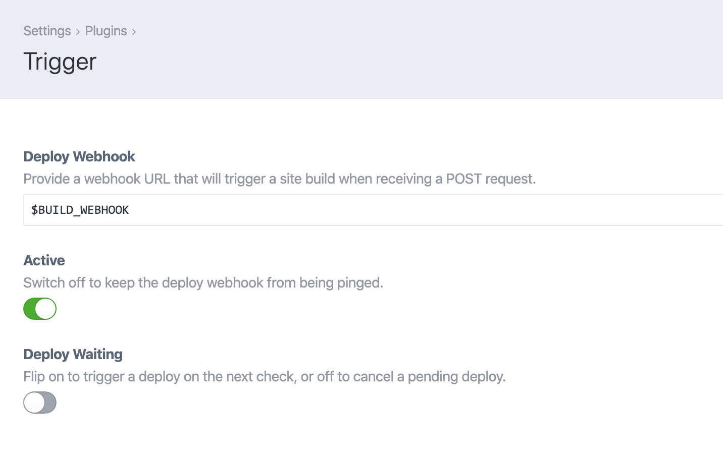 Trigger Craft CMS plugin settings: Deploy Webhook field, Active switch, and Deploy Waiting switch