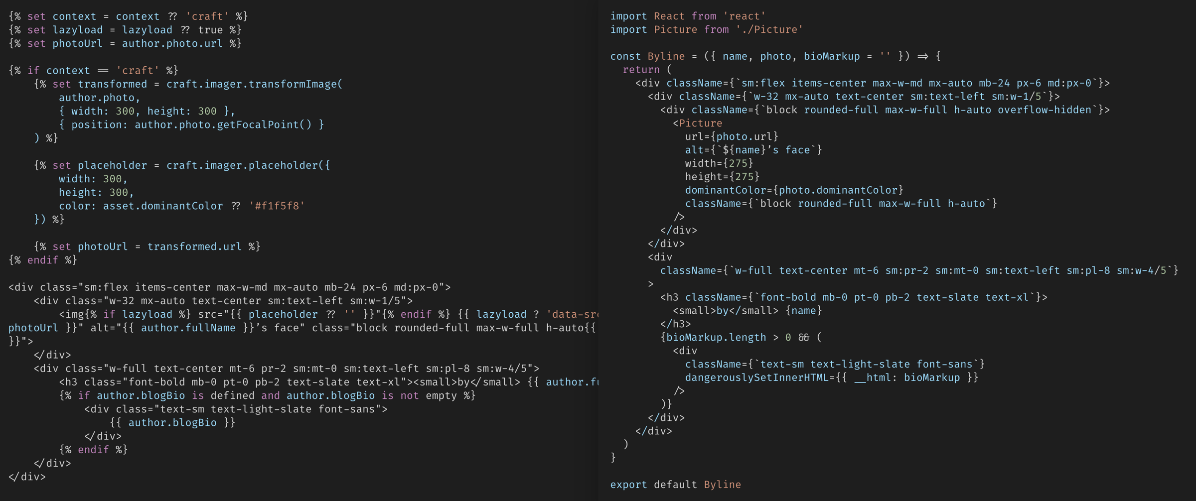screenshot of a Twig template on the left and a JSX template on the right