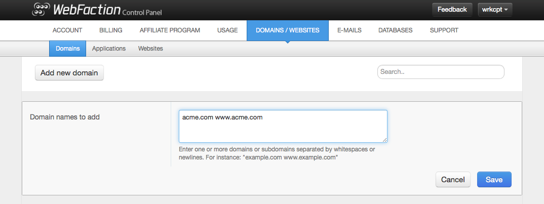 Screenshot of adding new domain names in the Webfaction control panel