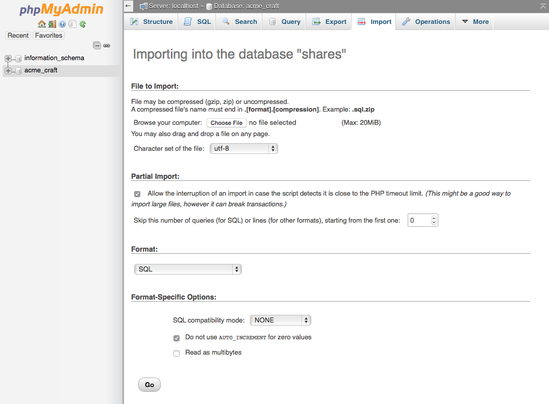 Screenshot of SQL dump import in phpMyAdmin