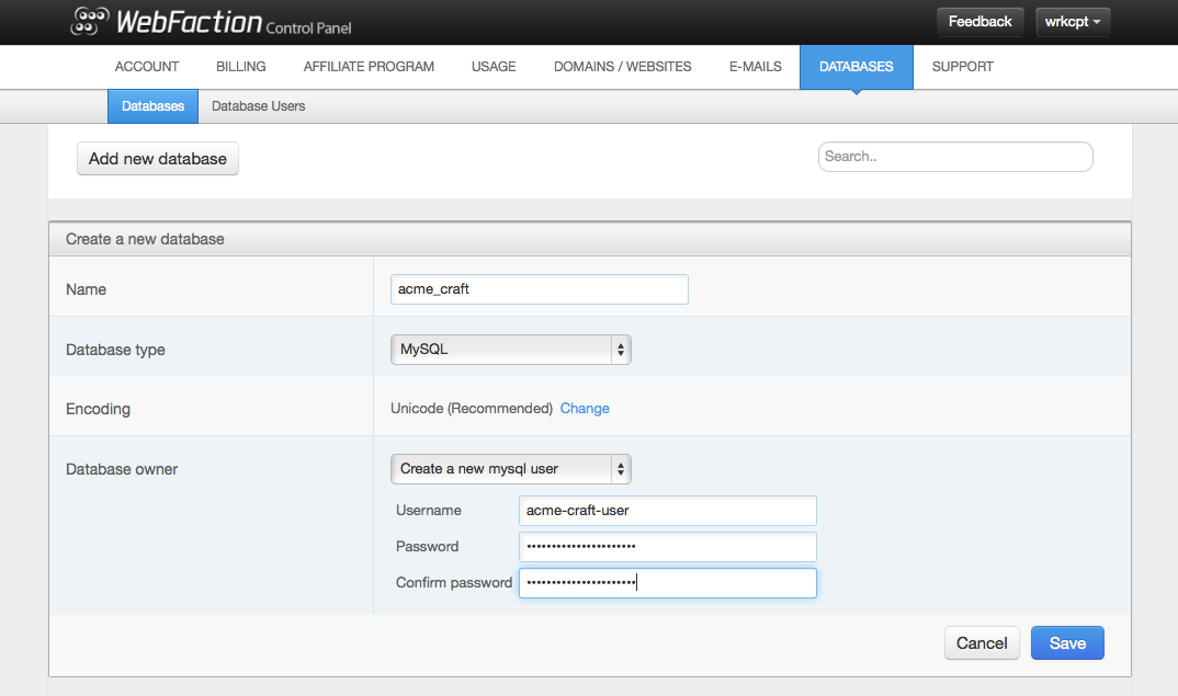 Screenshot of adding a new MySQL database in the Webfaction control panel