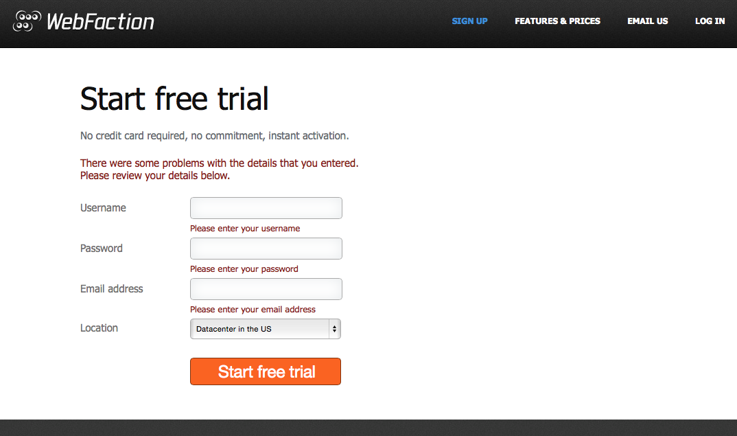 Screenshot of Webfaction's signup form