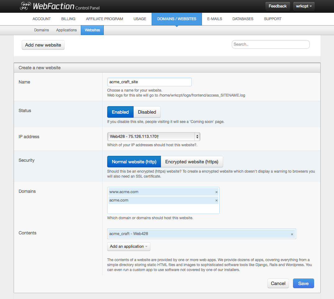 Screenshot of application configuration in the Webfaction control panel